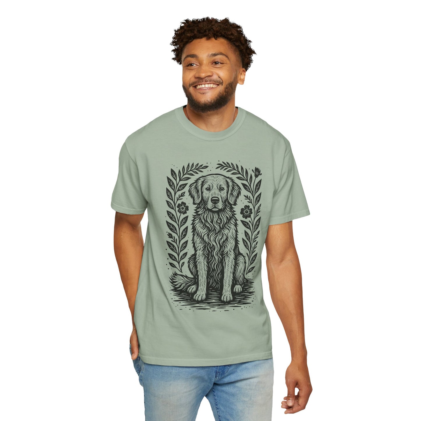 Golden Retriever Illustration T-shirt | Floral Laurel Dog Portrait Comfort Colors Dog Lovers T-shirt