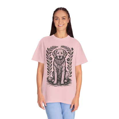Golden Retriever Illustration T-shirt | Floral Laurel Dog Portrait Comfort Colors Dog Lovers T-shirt