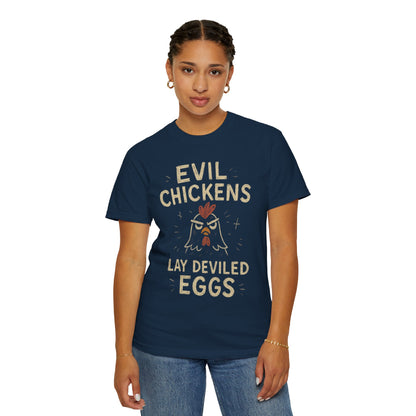 Evil Chickens Lay Deviled Eggs T-Shirt | Funny Chicken Pun Tee Comfort Colors