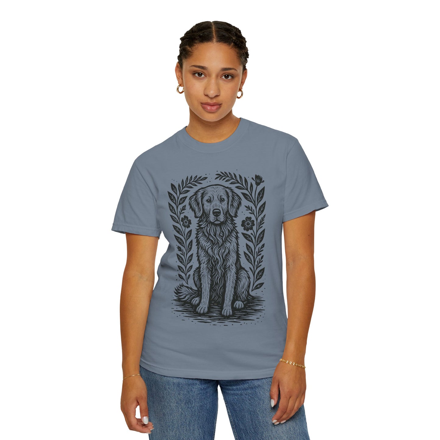 Golden Retriever Illustration T-shirt | Floral Laurel Dog Portrait Comfort Colors Dog Lovers T-shirt