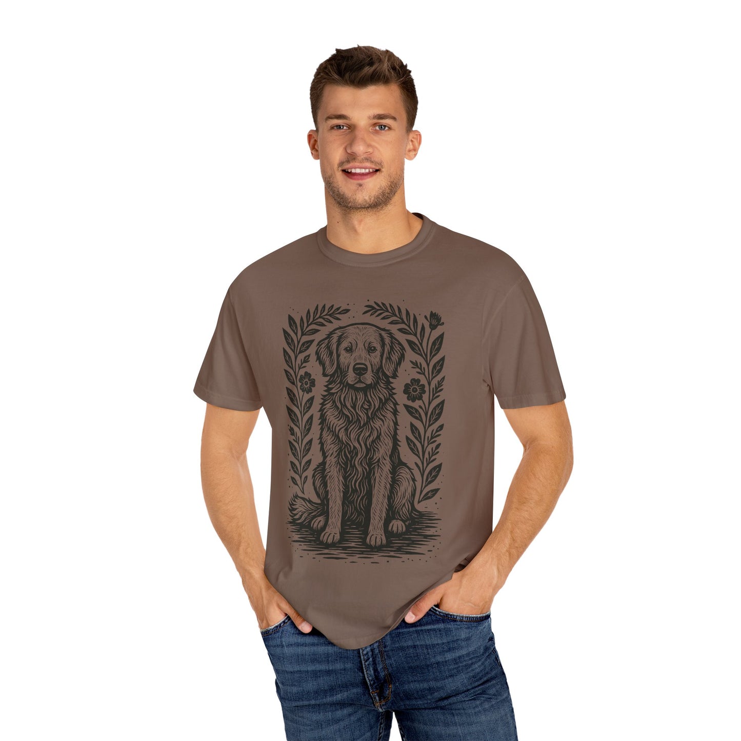 Golden Retriever Illustration T-shirt | Floral Laurel Dog Portrait Comfort Colors Dog Lovers T-shirt