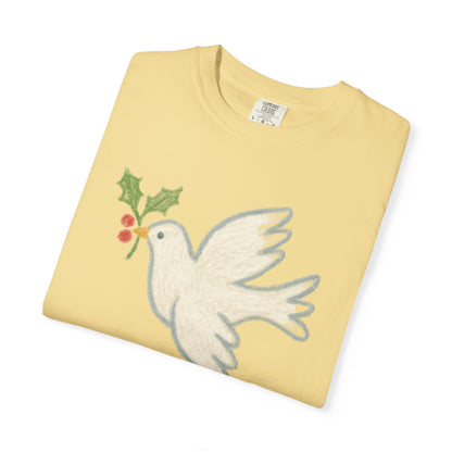 Peace on Earth Dove T-shirt | Holiday Dove with Holly Branch Comfort Colors T-Shirt