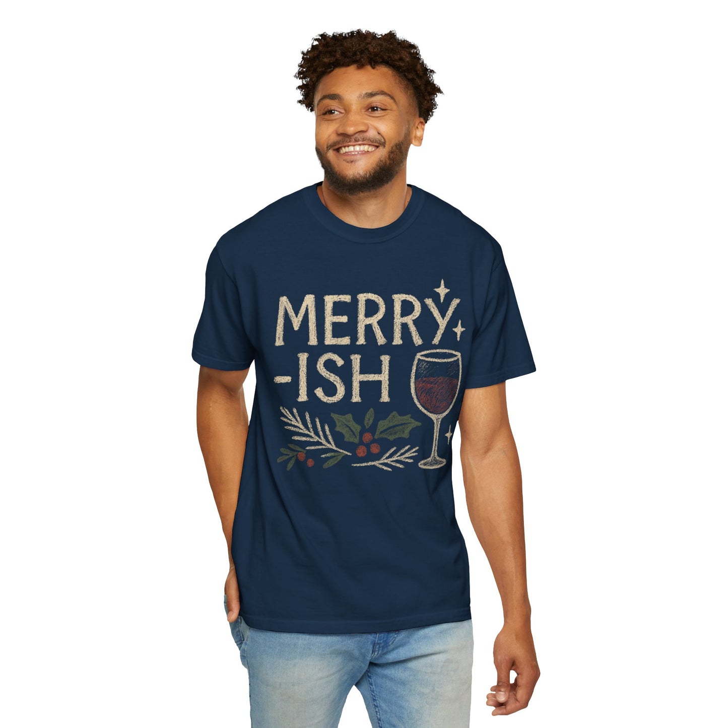 Merry-ish Wine Glass T-shirt | Holiday Holly Illustration Comfort Colors