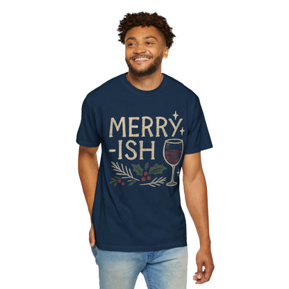 Merry-ish Wine Glass T-shirt | Holiday Holly Illustration Comfort Colors