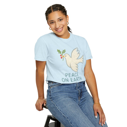 Peace on Earth Dove T-shirt | Holiday Dove with Holly Branch Comfort Colors T-Shirt