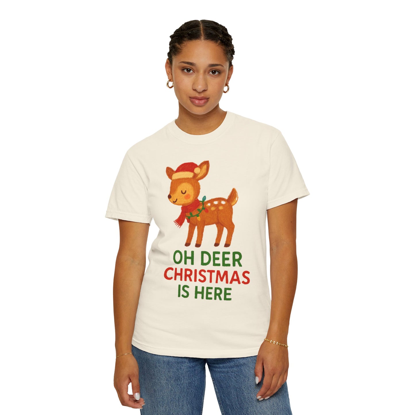Oh Deer, Christmas is Here Comfort Colors T-shirt - Holiday Season Apparel, Festive Reindeer Tee, Winter Celebration Shirt, Christmas Gift