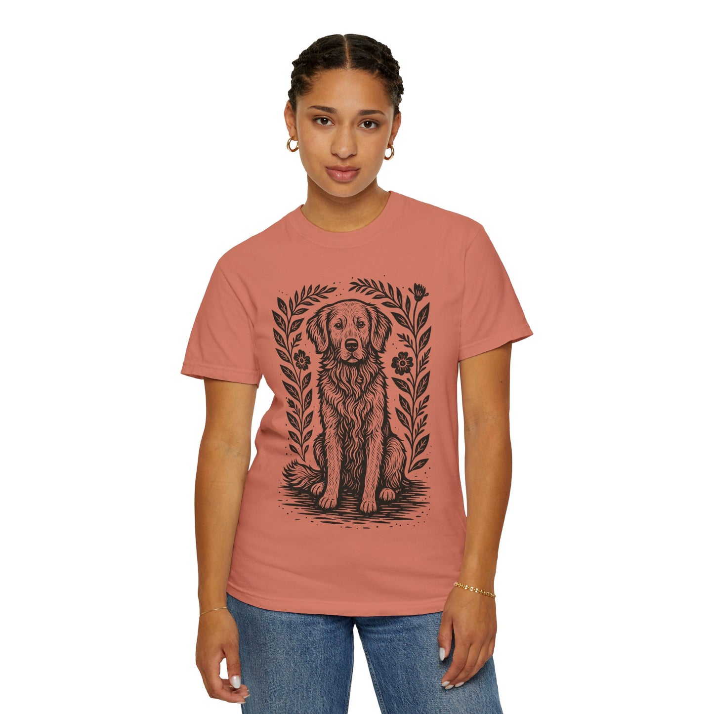Golden Retriever Illustration T-shirt | Floral Laurel Dog Portrait Comfort Colors Dog Lovers T-shirt