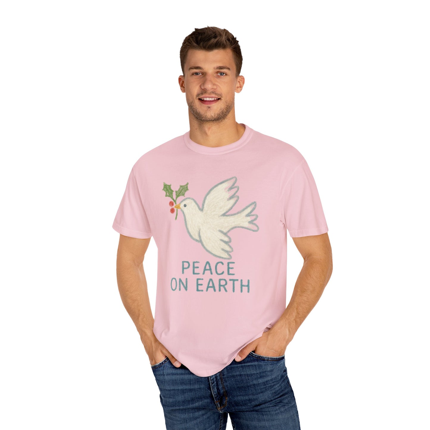 Peace on Earth Dove T-shirt | Holiday Dove with Holly Branch Comfort Colors T-Shirt