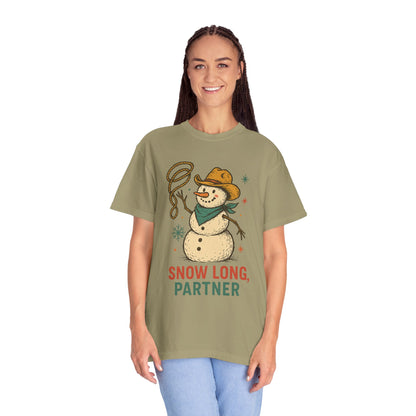 Snow Long Comfort Colors Western Snowman T-shirt - Winter Holiday Tee, Unisex Shirt, Christmas Gift, Festive Graphic Top, Seasonal Apparel