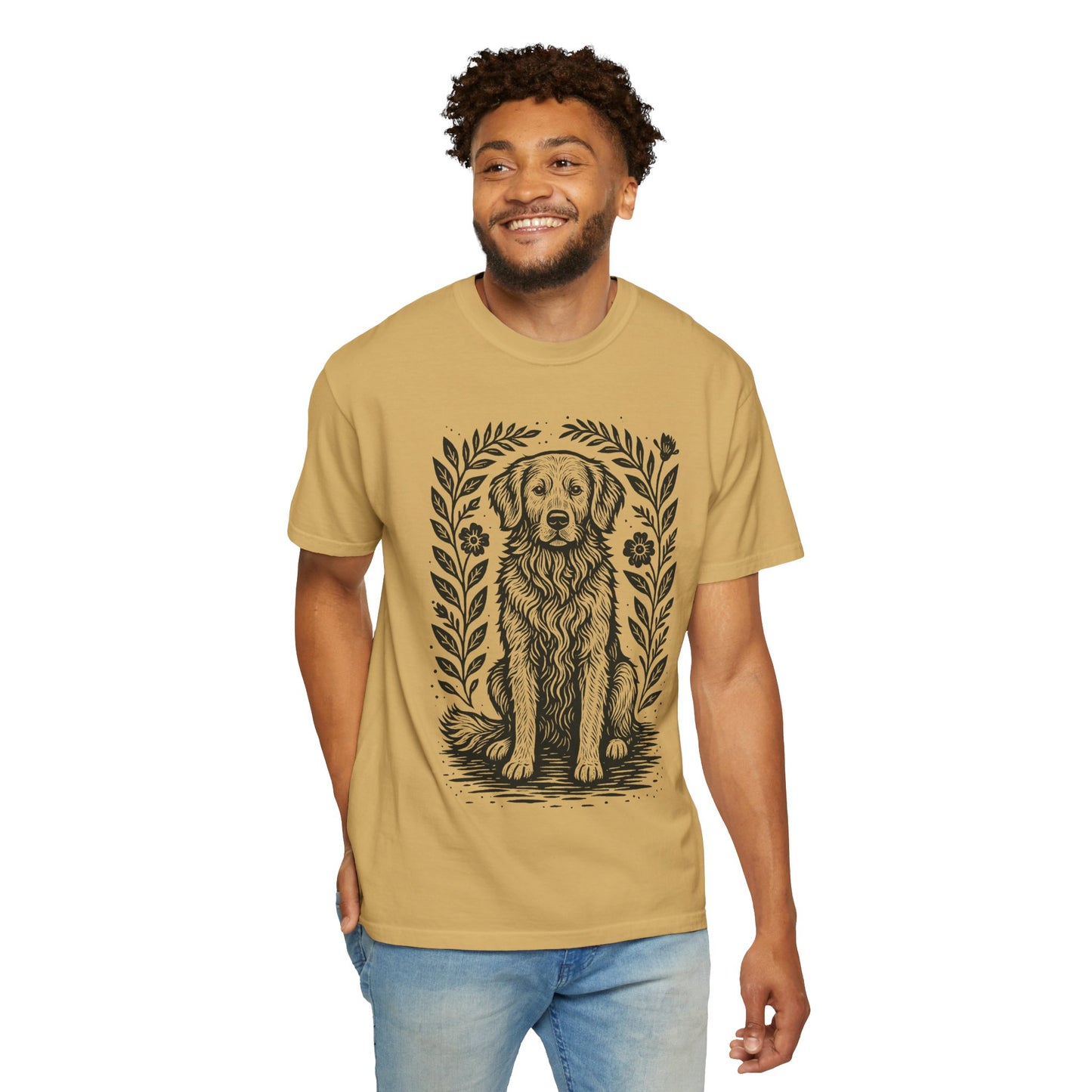 Golden Retriever Illustration T-shirt | Floral Laurel Dog Portrait Comfort Colors Dog Lovers T-shirt