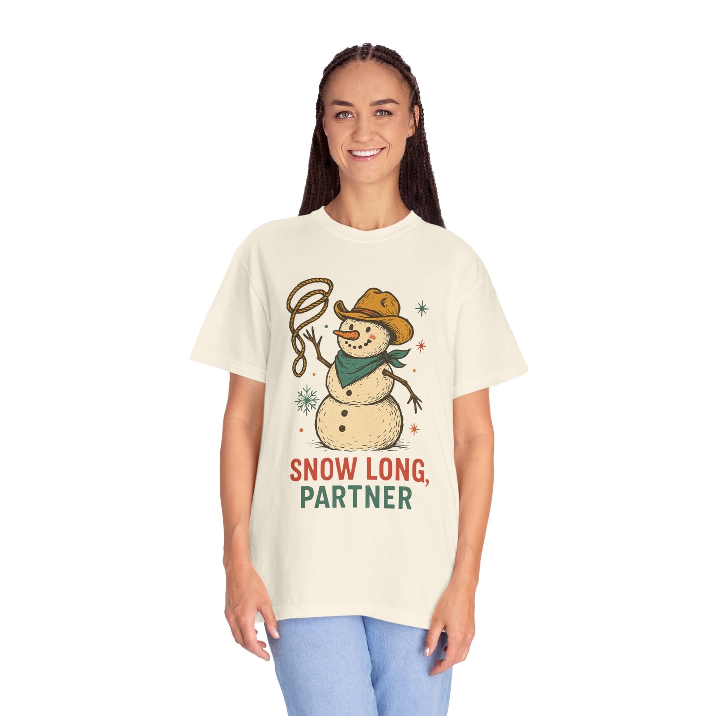Snow Long Comfort Colors Western Snowman T-shirt - Winter Holiday Tee, Unisex Shirt, Christmas Gift, Festive Graphic Top, Seasonal Apparel