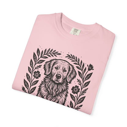 Golden Retriever Illustration T-shirt | Floral Laurel Dog Portrait Comfort Colors Dog Lovers T-shirt