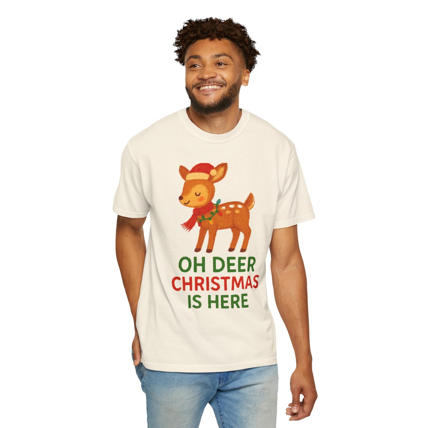 Oh Deer, Christmas is Here Comfort Colors T-shirt - Holiday Season Apparel, Festive Reindeer Tee, Winter Celebration Shirt, Christmas Gift