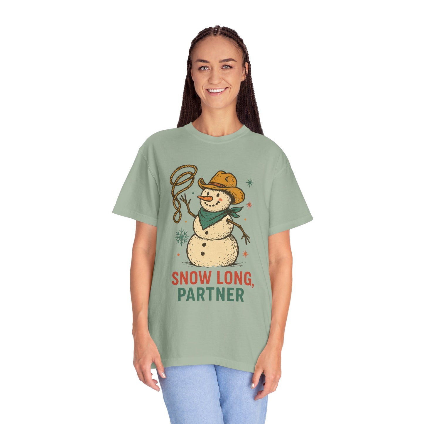 Snow Long Comfort Colors Western Snowman T-shirt - Winter Holiday Tee, Unisex Shirt, Christmas Gift, Festive Graphic Top, Seasonal Apparel