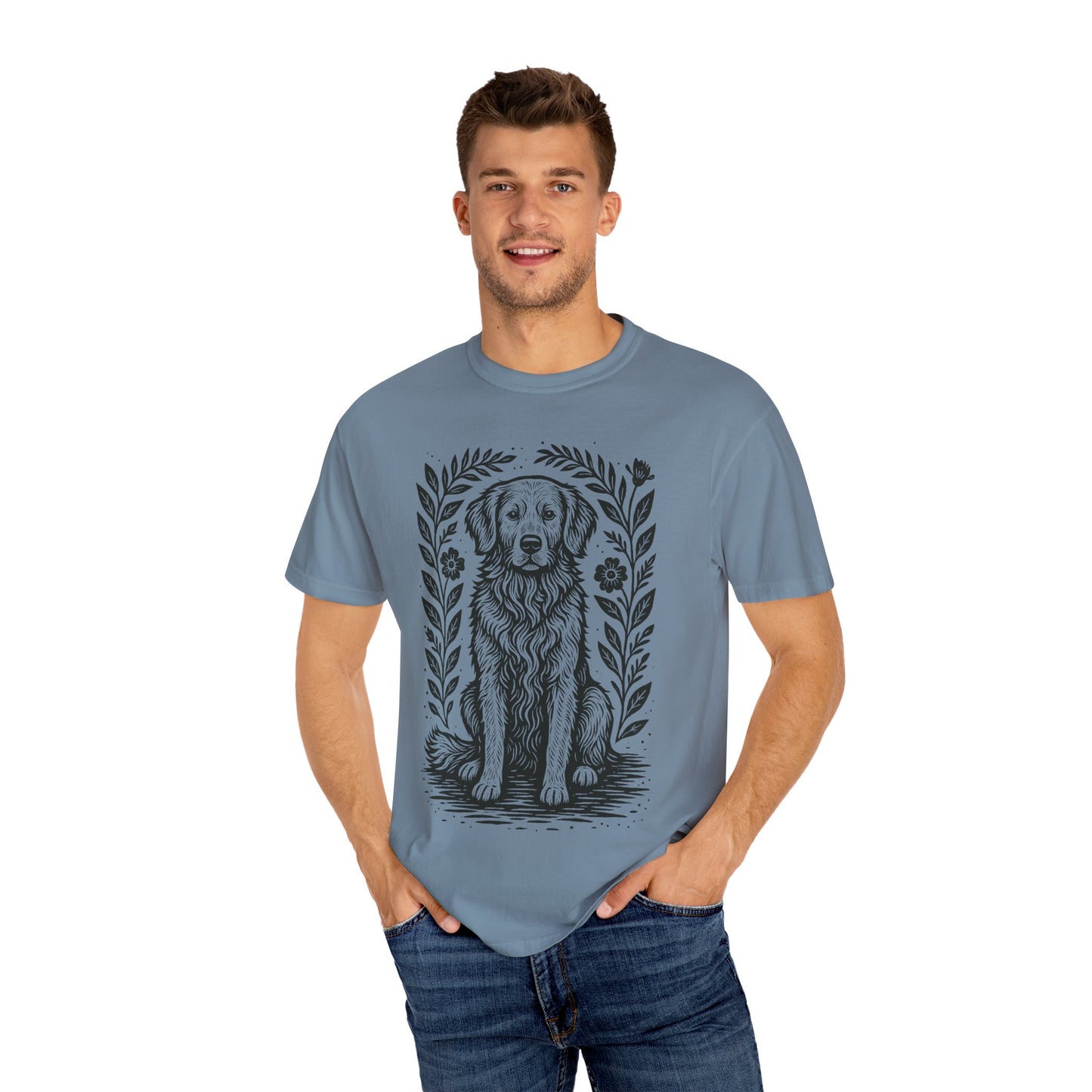 Golden Retriever Illustration T-shirt | Floral Laurel Dog Portrait Comfort Colors Dog Lovers T-shirt