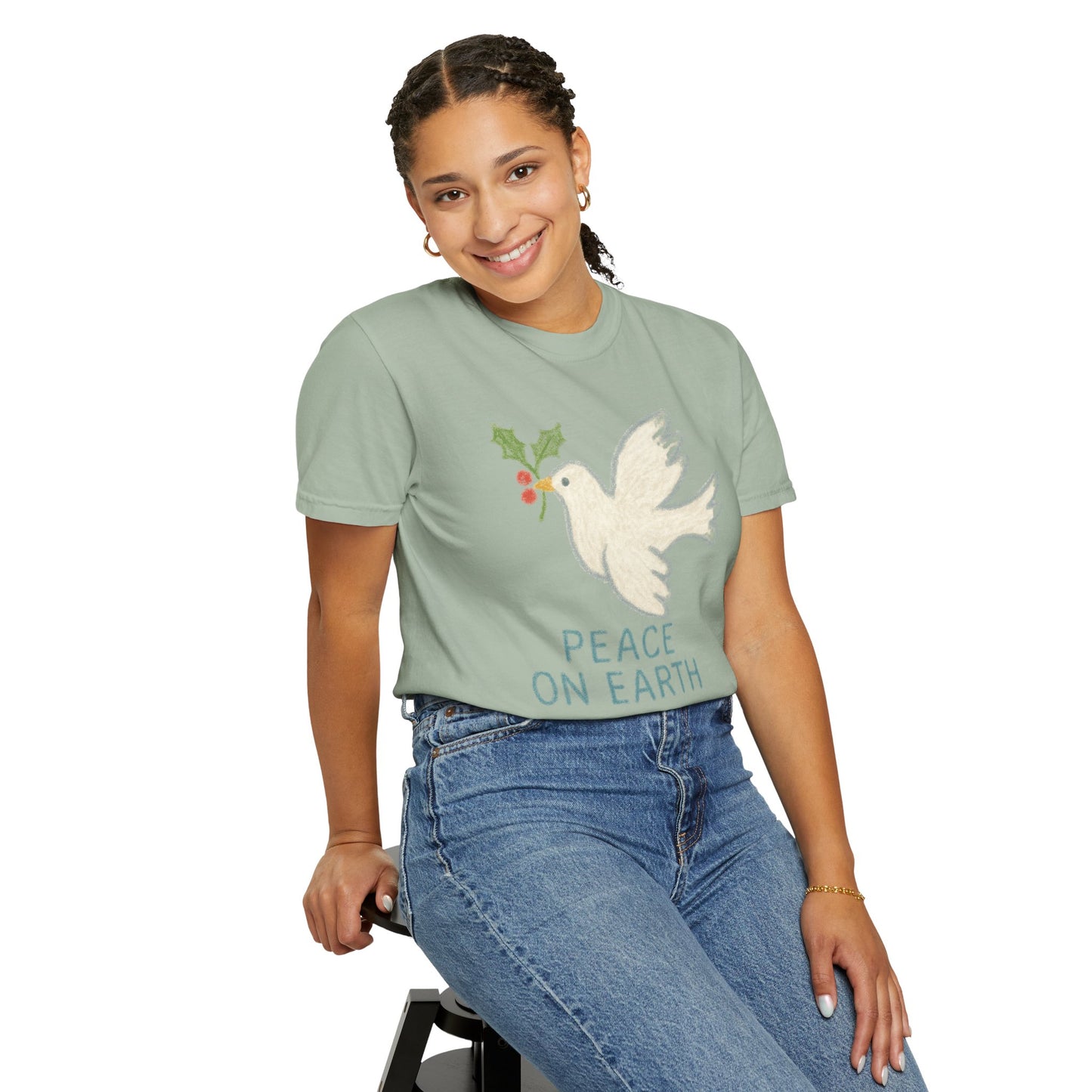 Peace on Earth Dove T-shirt | Holiday Dove with Holly Branch Comfort Colors T-Shirt