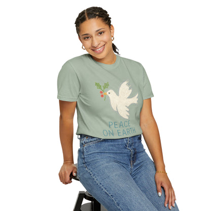 Peace on Earth Dove T-shirt | Holiday Dove with Holly Branch Comfort Colors T-Shirt
