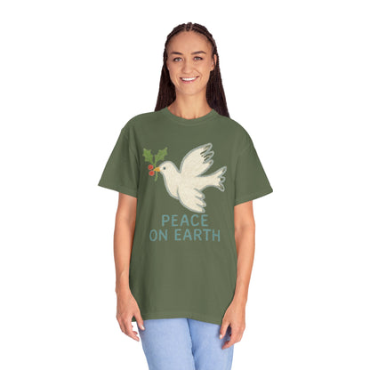 Peace on Earth Dove T-shirt | Holiday Dove with Holly Branch Comfort Colors T-Shirt