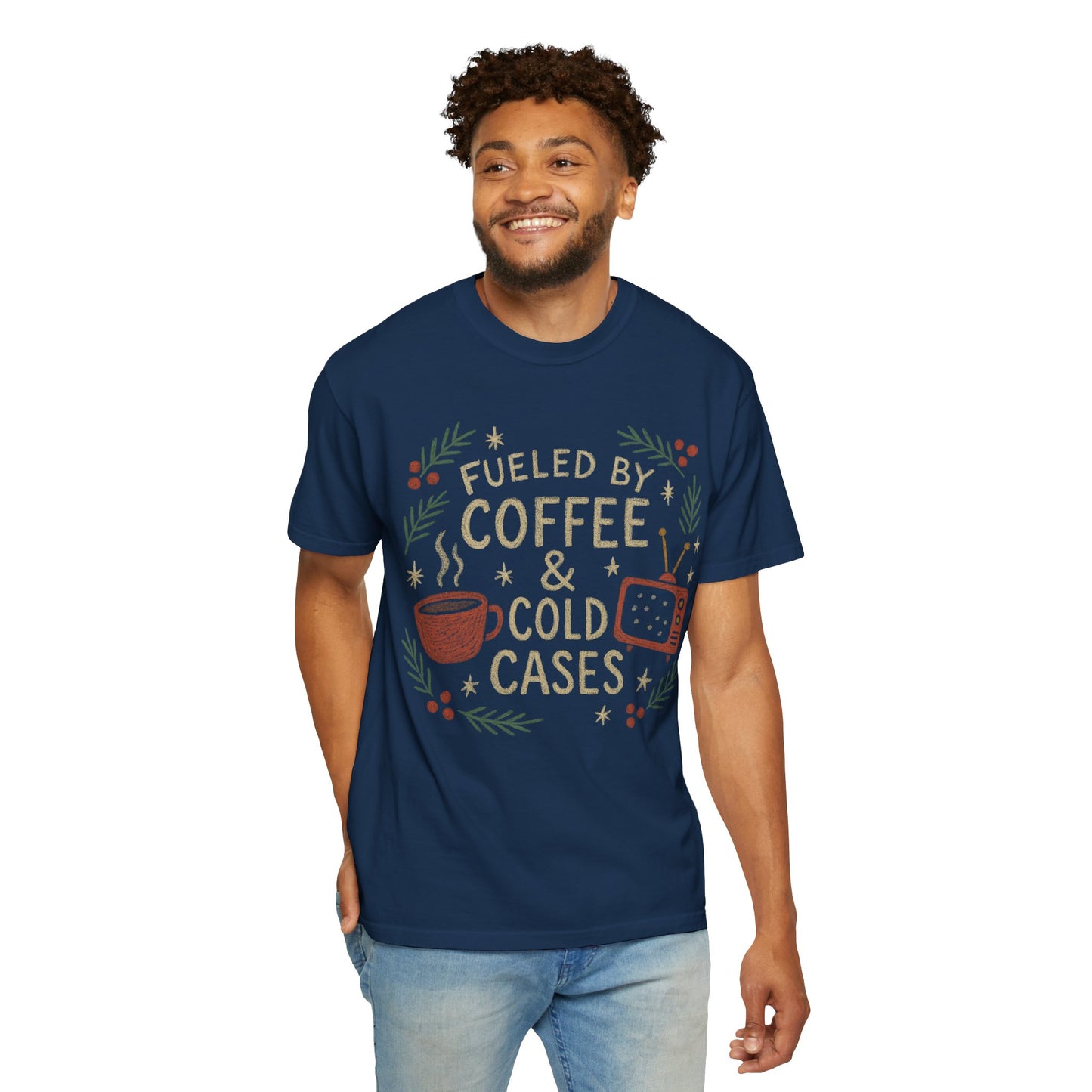 True Crime Junkie and Coffee Lover Comfort Colors Christmas T-shirt, Unisex Tee for Holidays, Murder Mystery Mug Fan Gift, Graphic Tee Shirt
