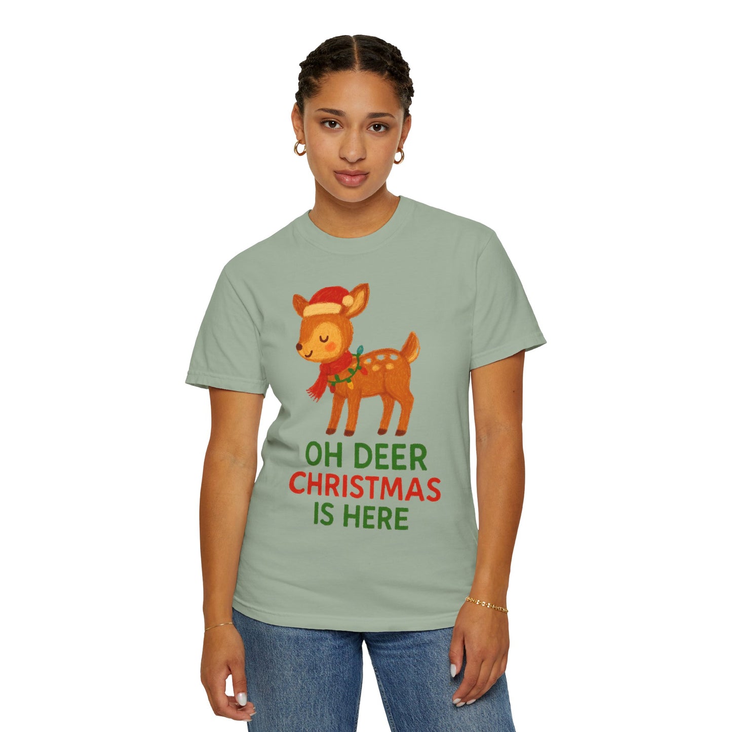 Oh Deer, Christmas is Here Comfort Colors T-shirt - Holiday Season Apparel, Festive Reindeer Tee, Winter Celebration Shirt, Christmas Gift