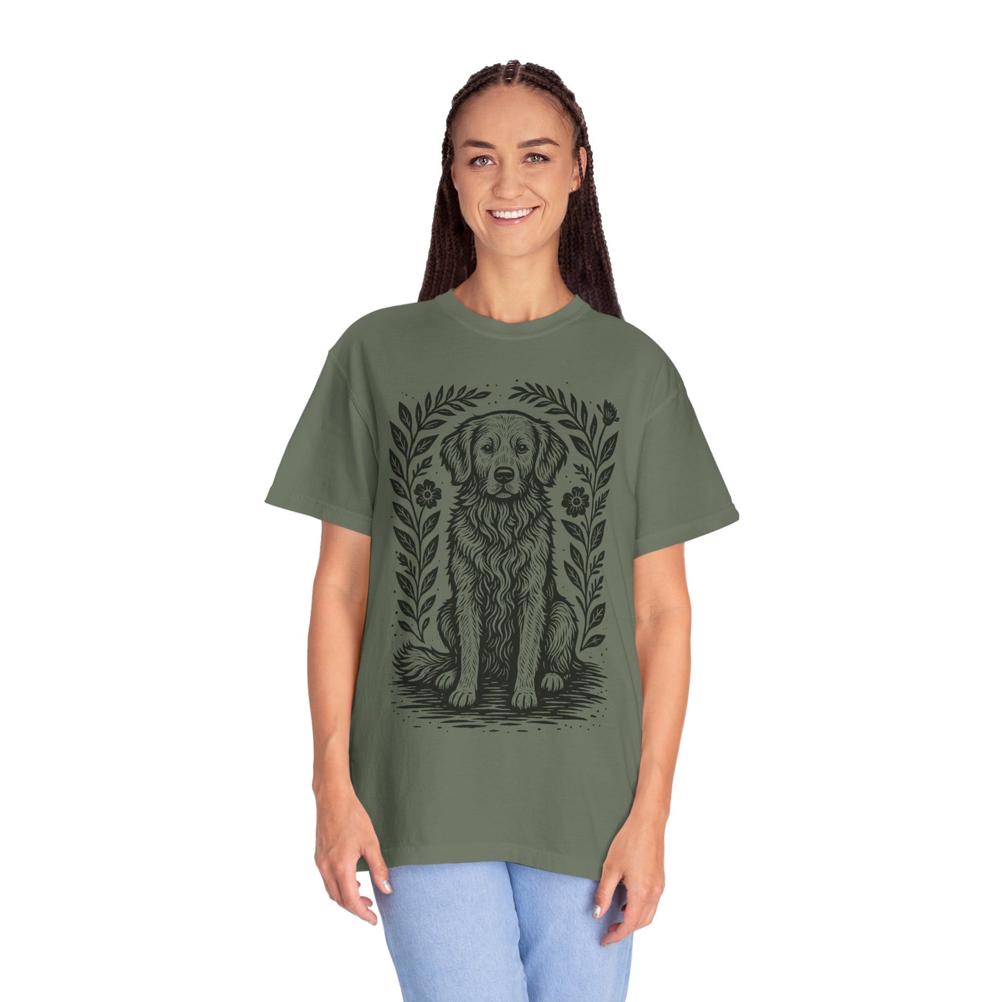 Golden Retriever Illustration T-shirt | Floral Laurel Dog Portrait Comfort Colors Dog Lovers T-shirt