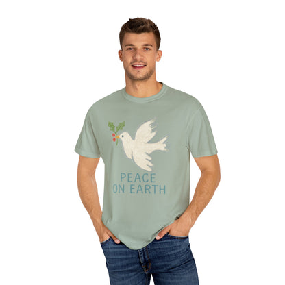 Peace on Earth Dove T-shirt | Holiday Dove with Holly Branch Comfort Colors T-Shirt