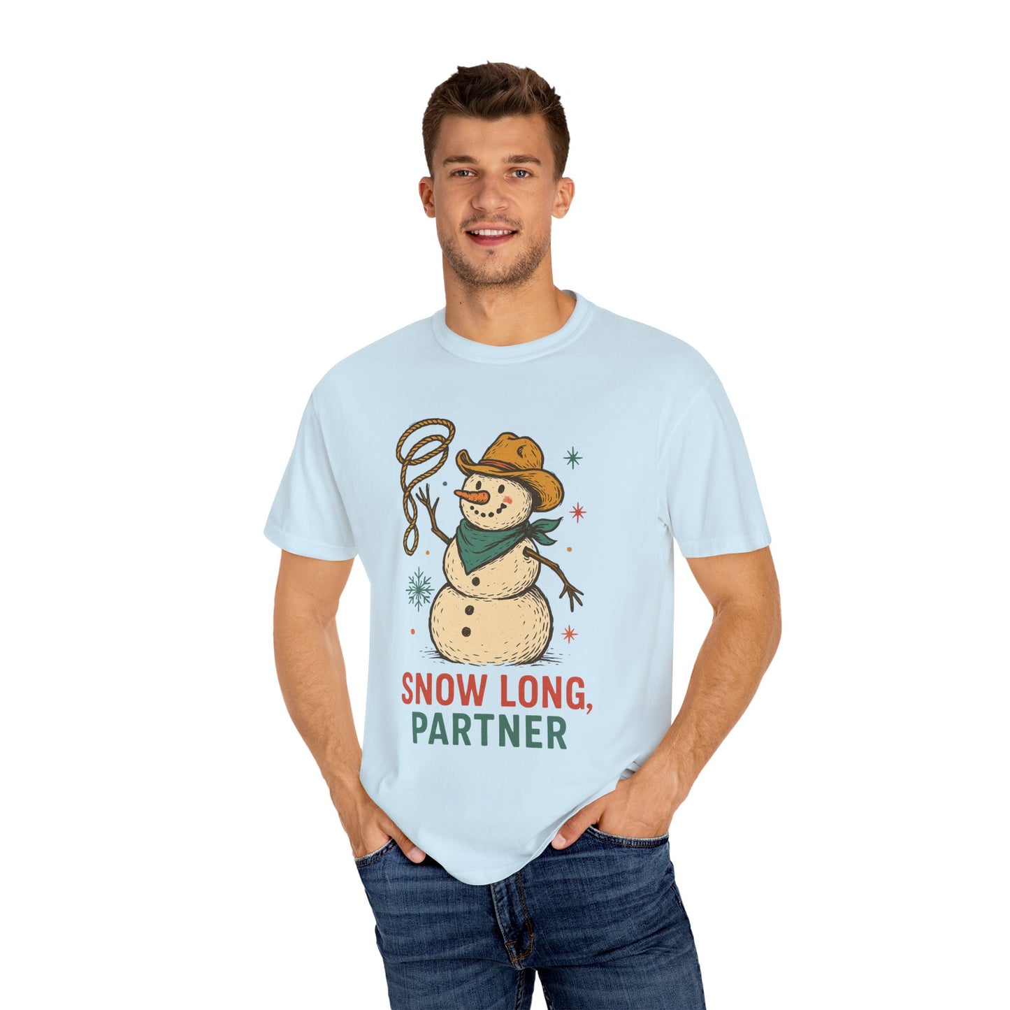 Snow Long Comfort Colors Western Snowman T-shirt - Winter Holiday Tee, Unisex Shirt, Christmas Gift, Festive Graphic Top, Seasonal Apparel