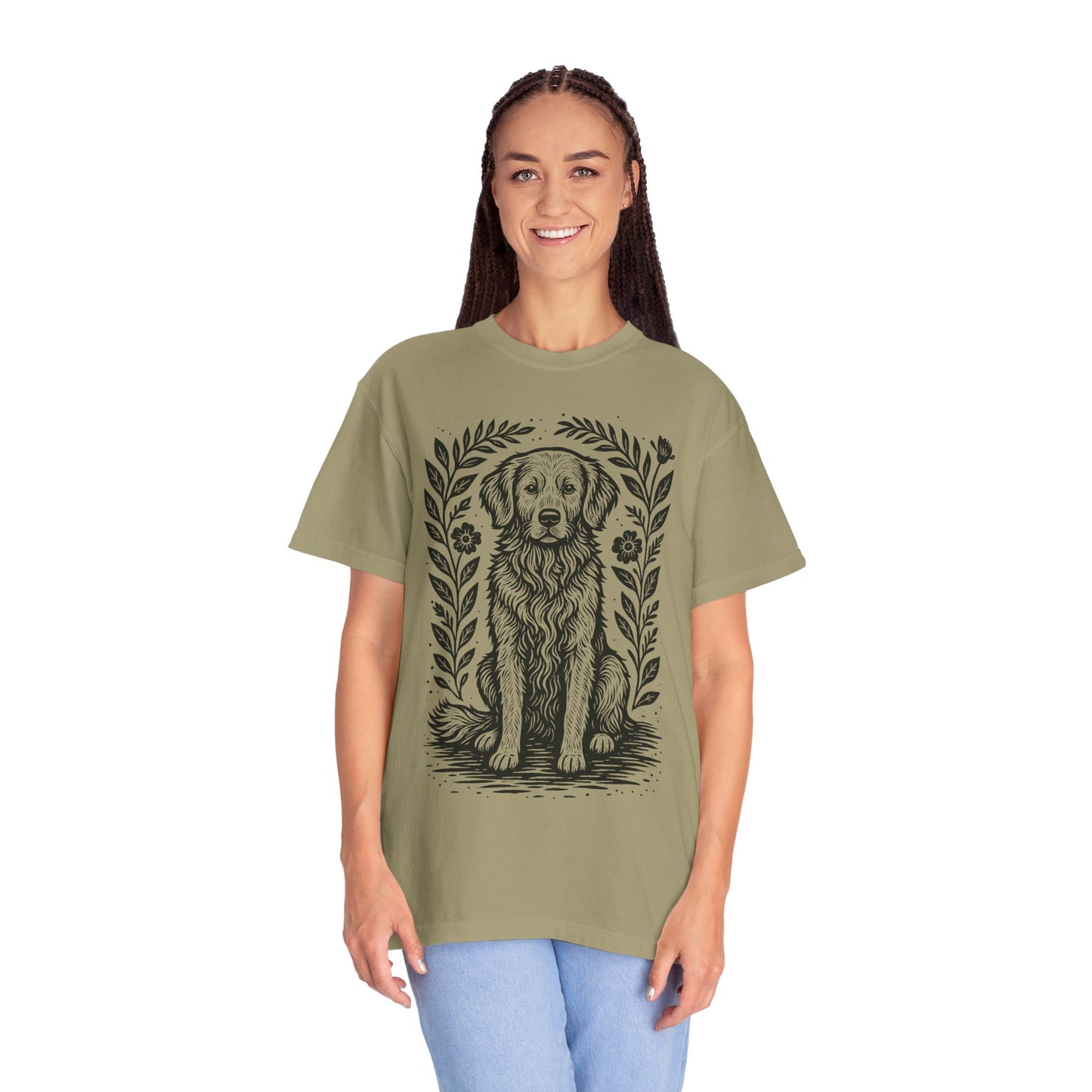 Golden Retriever Illustration T-shirt | Floral Laurel Dog Portrait Comfort Colors Dog Lovers T-shirt
