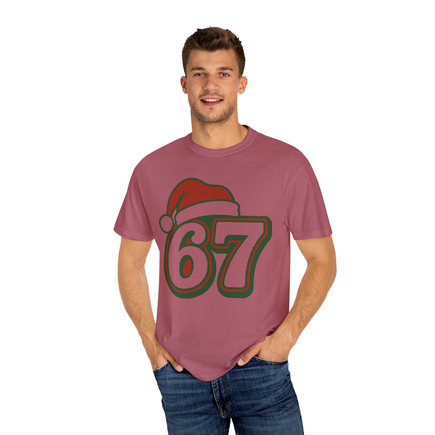Santa Hat Number 67 T-Shirt | Holiday Sports Jersey Style, Comfort Colors