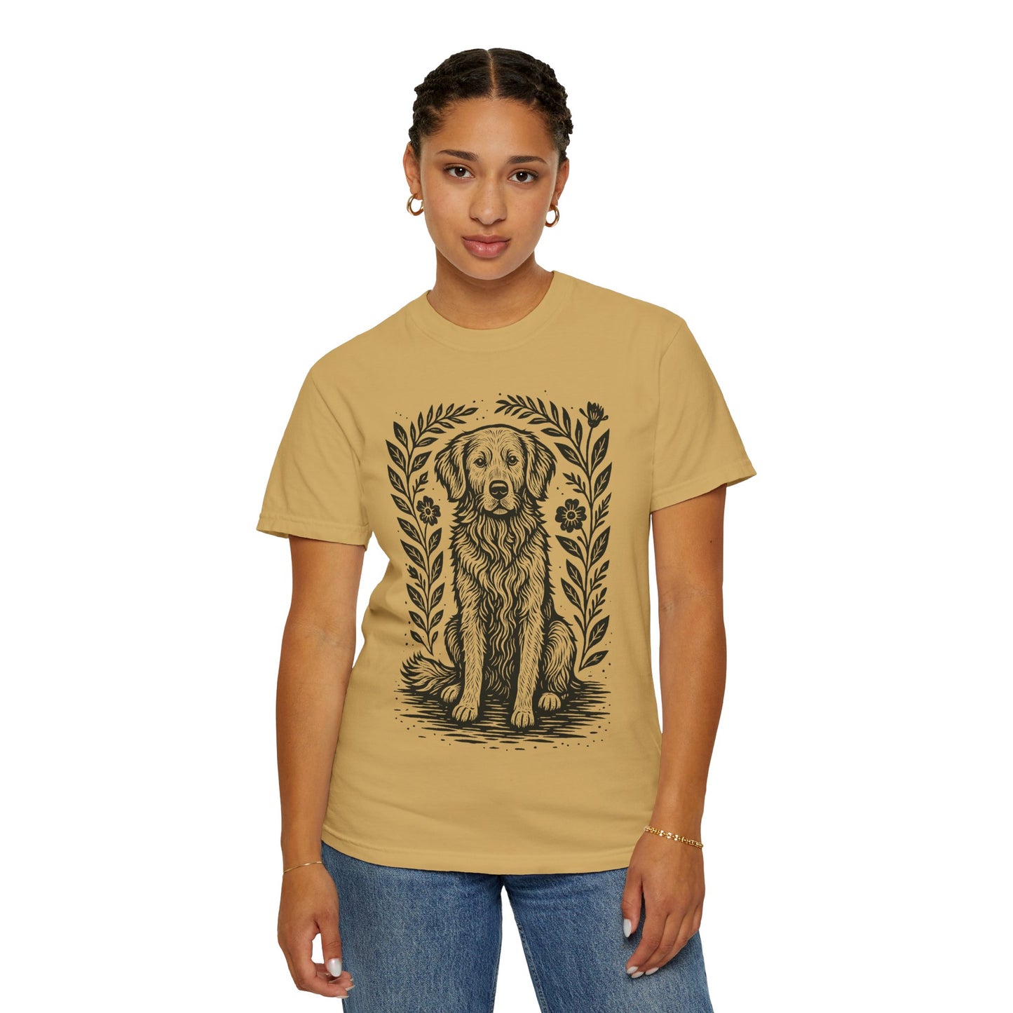 Golden Retriever Illustration T-shirt | Floral Laurel Dog Portrait Comfort Colors Dog Lovers T-shirt