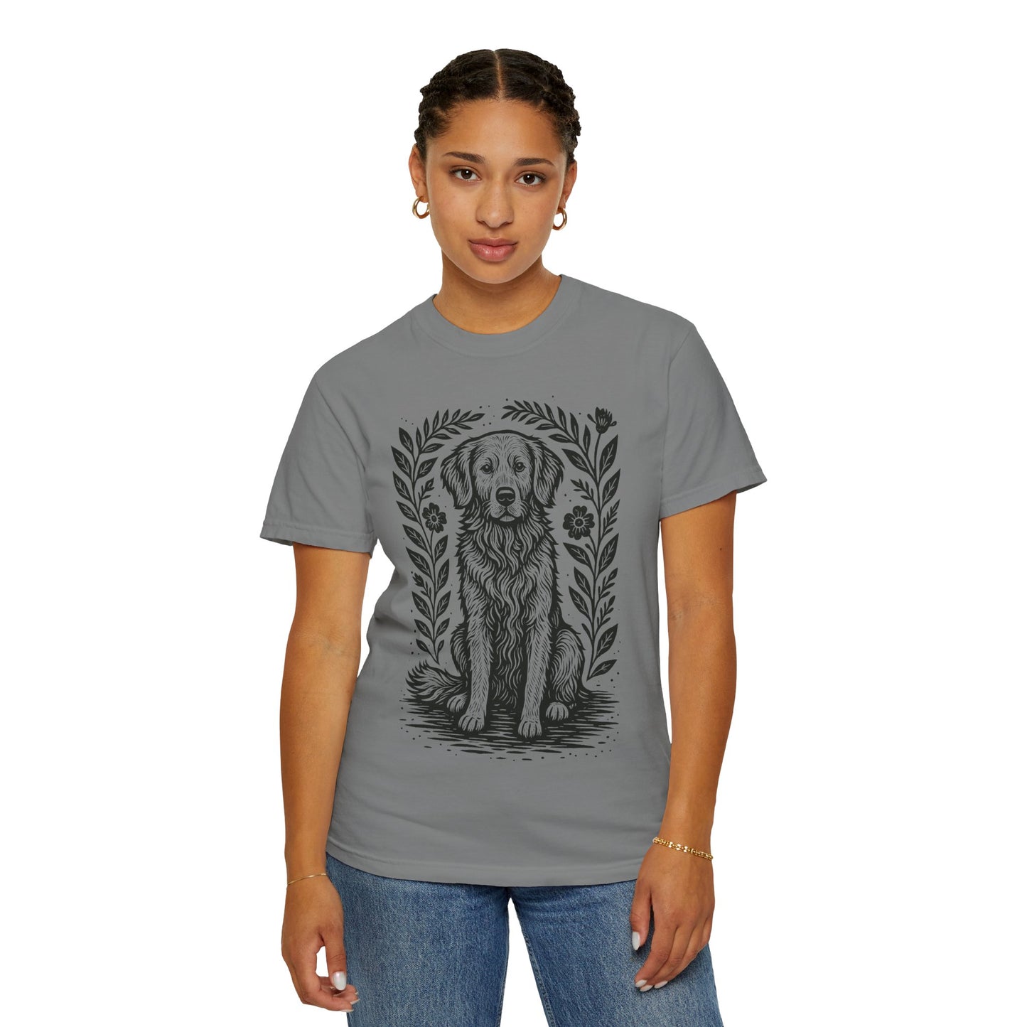 Golden Retriever Illustration T-shirt | Floral Laurel Dog Portrait Comfort Colors Dog Lovers T-shirt