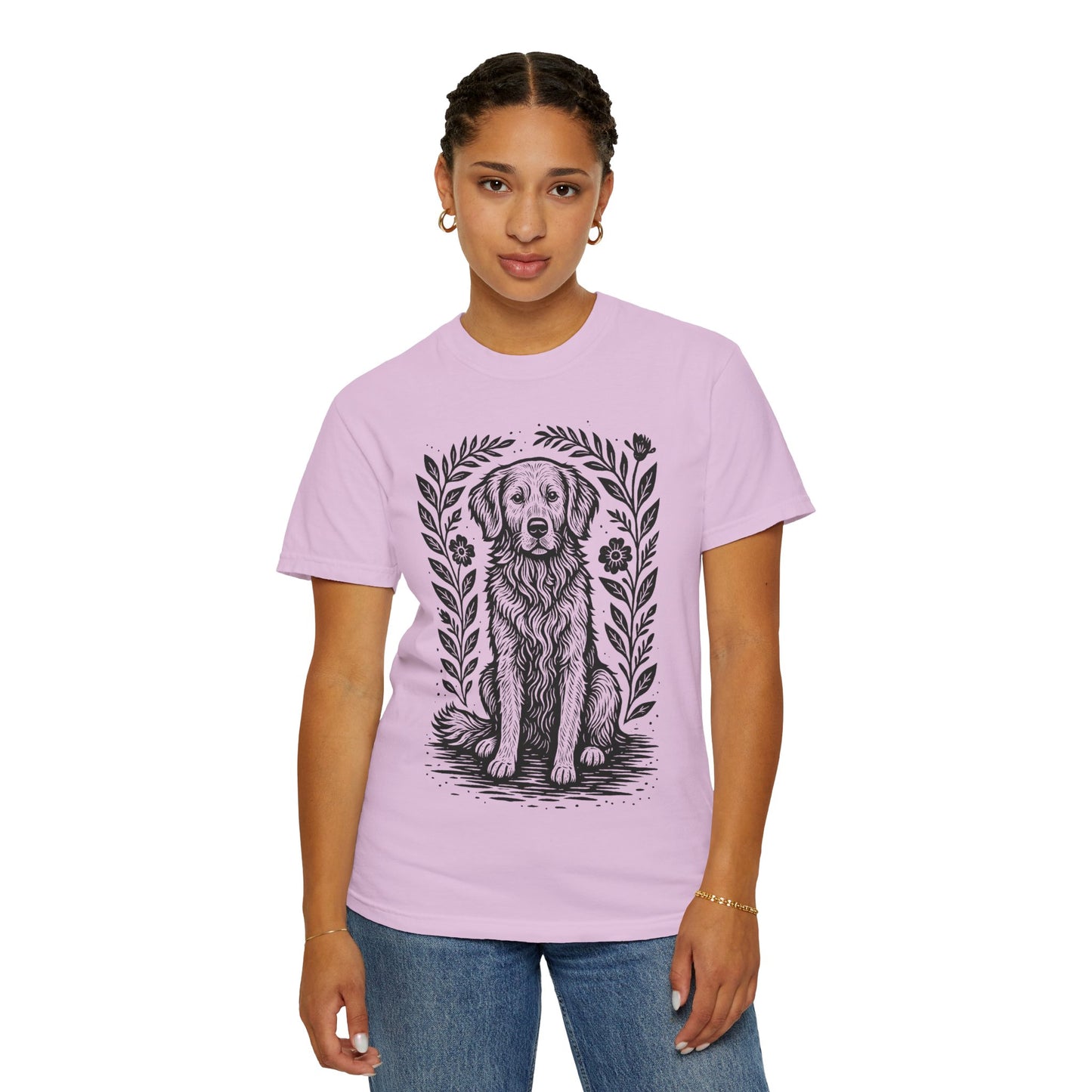 Golden Retriever Illustration T-shirt | Floral Laurel Dog Portrait Comfort Colors Dog Lovers T-shirt