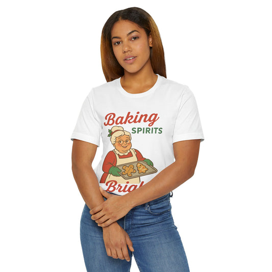 Festive Baking T-Shirt, Christmas Apparel, Holiday Gift, Cute Kitchen Shirt, Baking Spirits Bright Tee, Mrs Claus