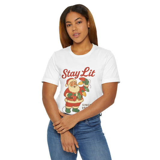 Stay Lit Vintage Santa T-Shirt, Funny Christmas Tee, Holiday Apparel, Unisex Holiday Shirt, Christmas Gift, Festive Wear