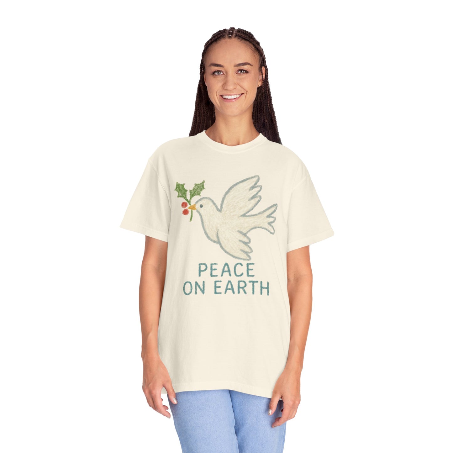 Peace on Earth Dove T-shirt | Holiday Dove with Holly Branch Comfort Colors T-Shirt