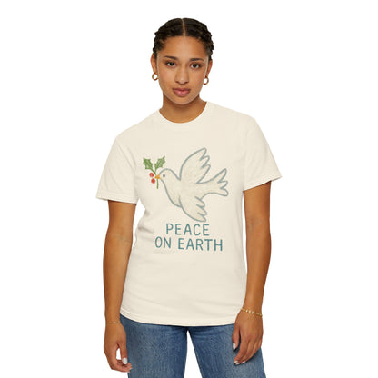Peace on Earth Dove T-shirt | Holiday Dove with Holly Branch Comfort Colors T-Shirt