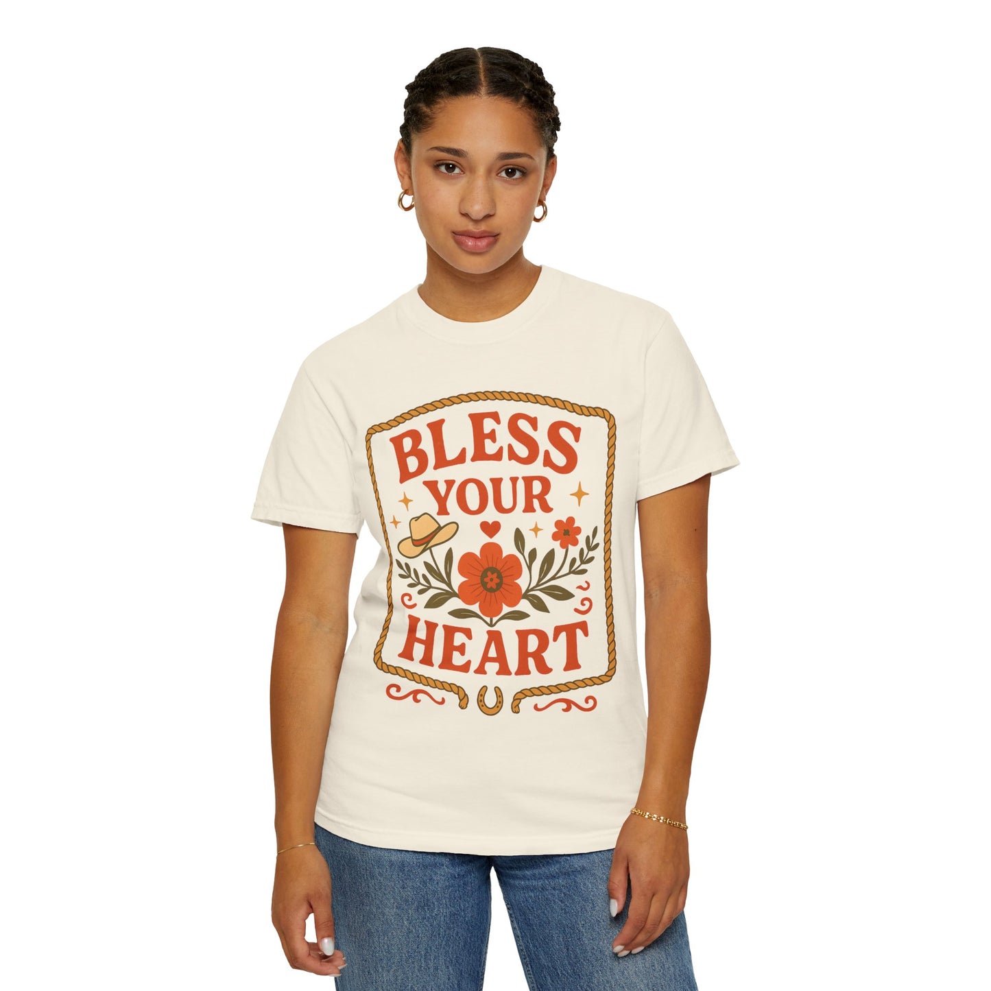 Bless Your Heart T-shirt | Floral Western Hat Horseshoe Design, Comfort Colors